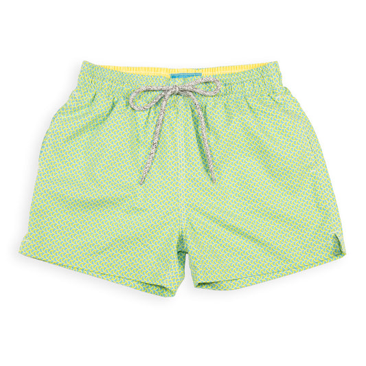 Kid's Wave Print Swim Trunk With Cyclist Liner  Aqua/Yellow