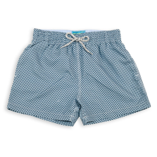 Kid's Wave Print Mesh Swim Trunk - Navy/Sky