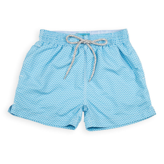 Kid's Wave Print Swim Trunk With Cyclist Liner  Turqouise/Sky