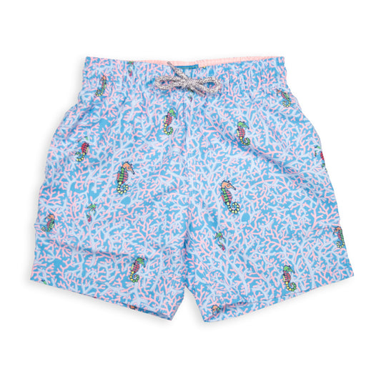 Kid's Rainbow Seahorses Mesh Swim Trunk - Aqua