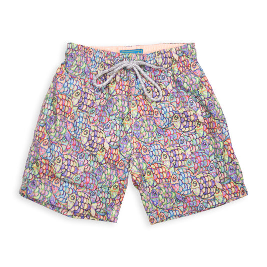 Kid's Abstract Fish Swim Trunk With Cyclist Liner  Multicolored