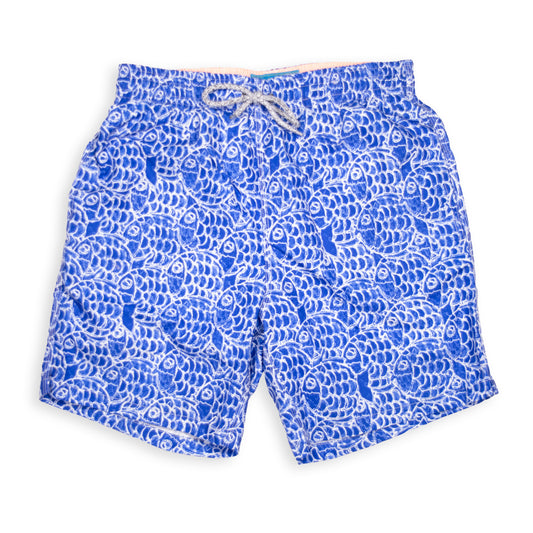 Kid's Abstract Fish Mesh Swim Trunk - Navy Blue