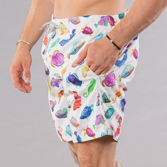 Men's Cyclist Liner Swim Trunks - Fish Chart White