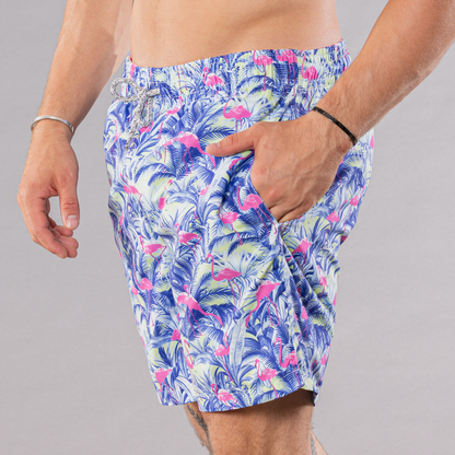 Men's Cyclist Liner Swim Trunks - Flamingos Navy Blue