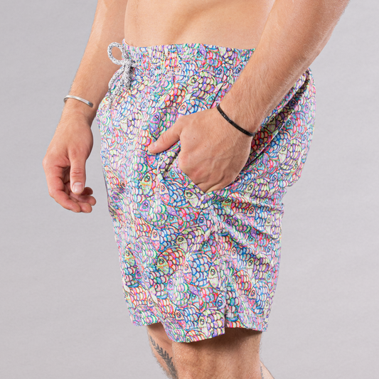 Men's Cyclist Liner Swim Trunks - Abstract Fish Multicolored