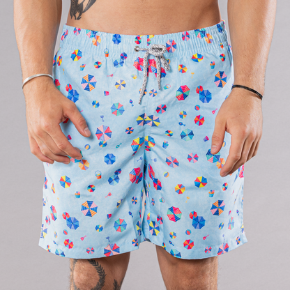 Men's Mesh Liner Swim Trunks - Beach Umbrellas Light Blue