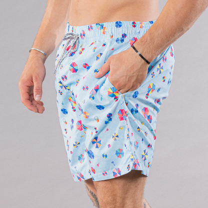 Men's Mesh Liner Swim Trunks - Beach Umbrellas Light Blue