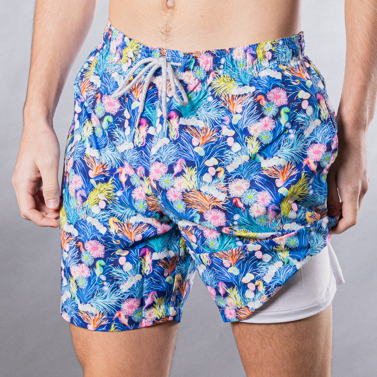 Men's Cyclist Liner Swim Trunks - New Seahorses Navy Blue