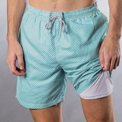 Men's Cyclist Liner Swim Trunks - Wave Print Aqua/Orange