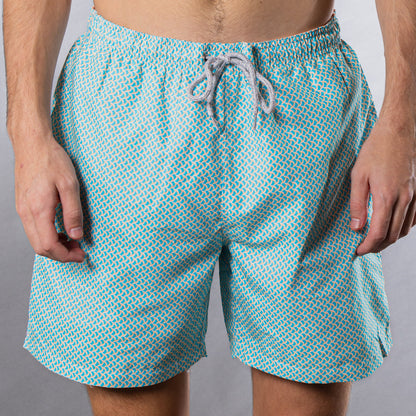 Men's Cyclist Liner Swim Trunks - Wave Print Aqua/Orange