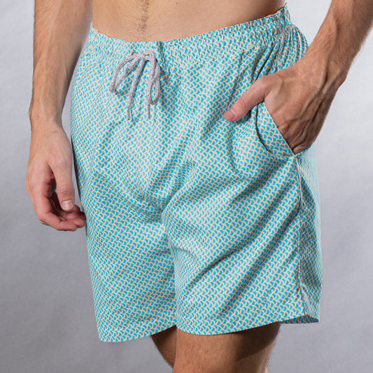 Men's Cyclist Liner Swim Trunks - Wave Print Aqua/Orange