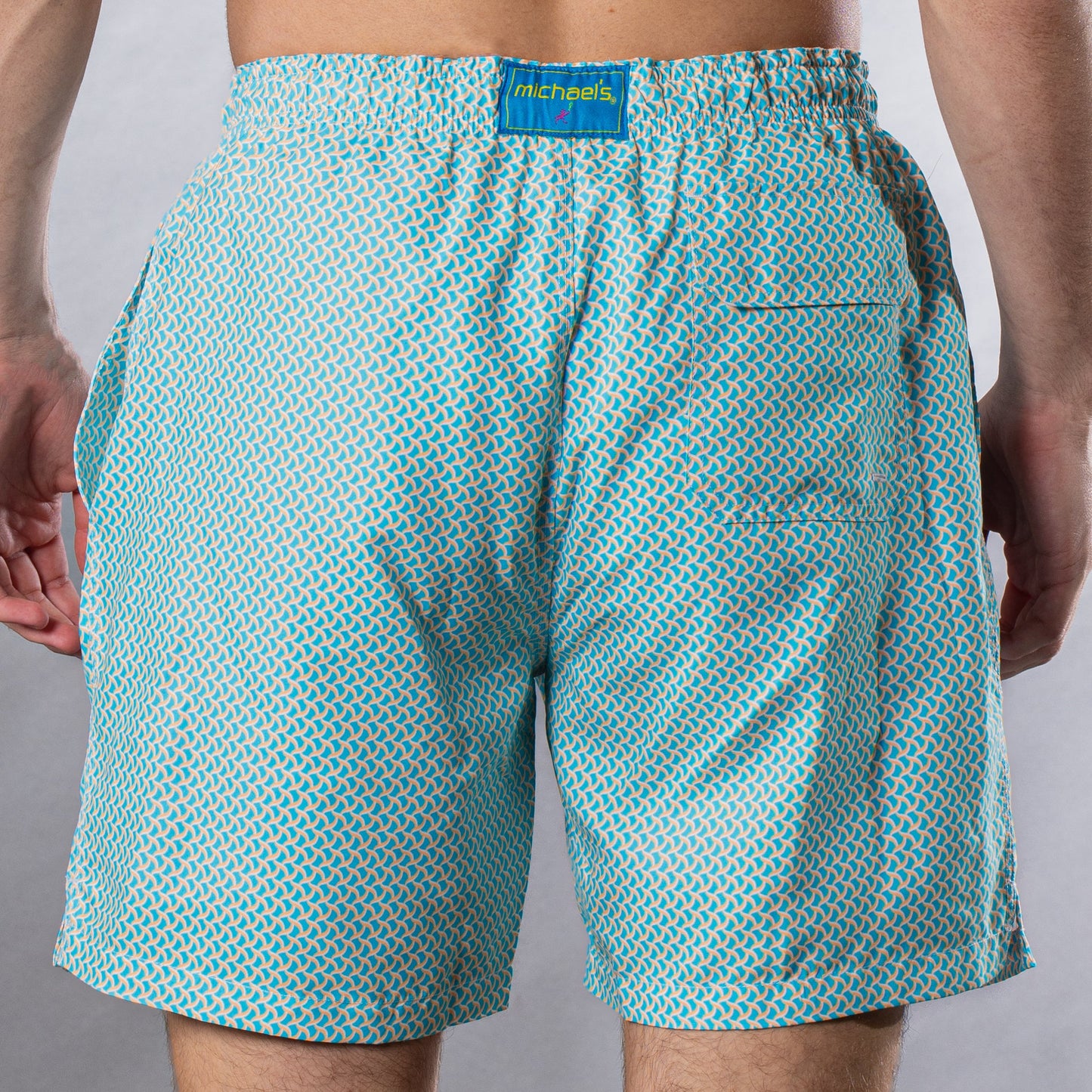 Men's Cyclist Liner Swim Trunks - Wave Print Aqua/Orange