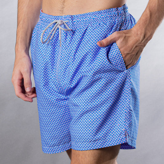 Men's Cyclist Liner Swim Trunks - Swirl Print Blue/Coral