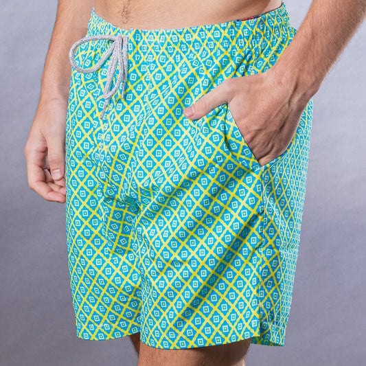 Men's Cyclist Liner Swim Trunks - Diamond Pattern Aqua