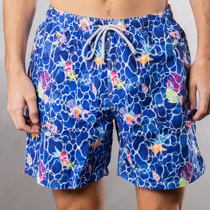 Men's Mesh Liner Swim Trunks - Fish Ripples Navy Blue