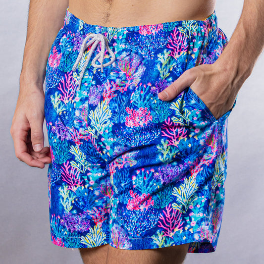 Men's Cyclist Liner Swim Trunks - Coral Jungle Multicolored