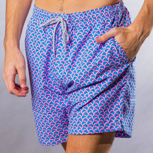 Men's Cyclist Liner Swim Trunks - Wave Print Turquoise/Coral