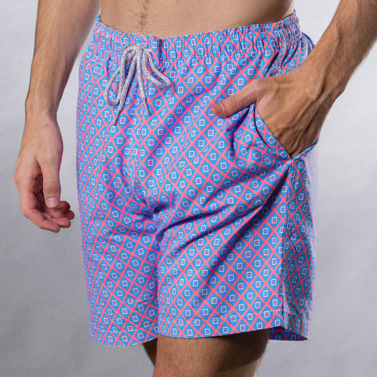 Men's Mesh Liner Swim Trunks - Diamond Pattern Coral