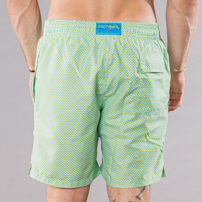 Men's Cyclist Liner Swim Trunks - Wave Print Aqua/Yellow