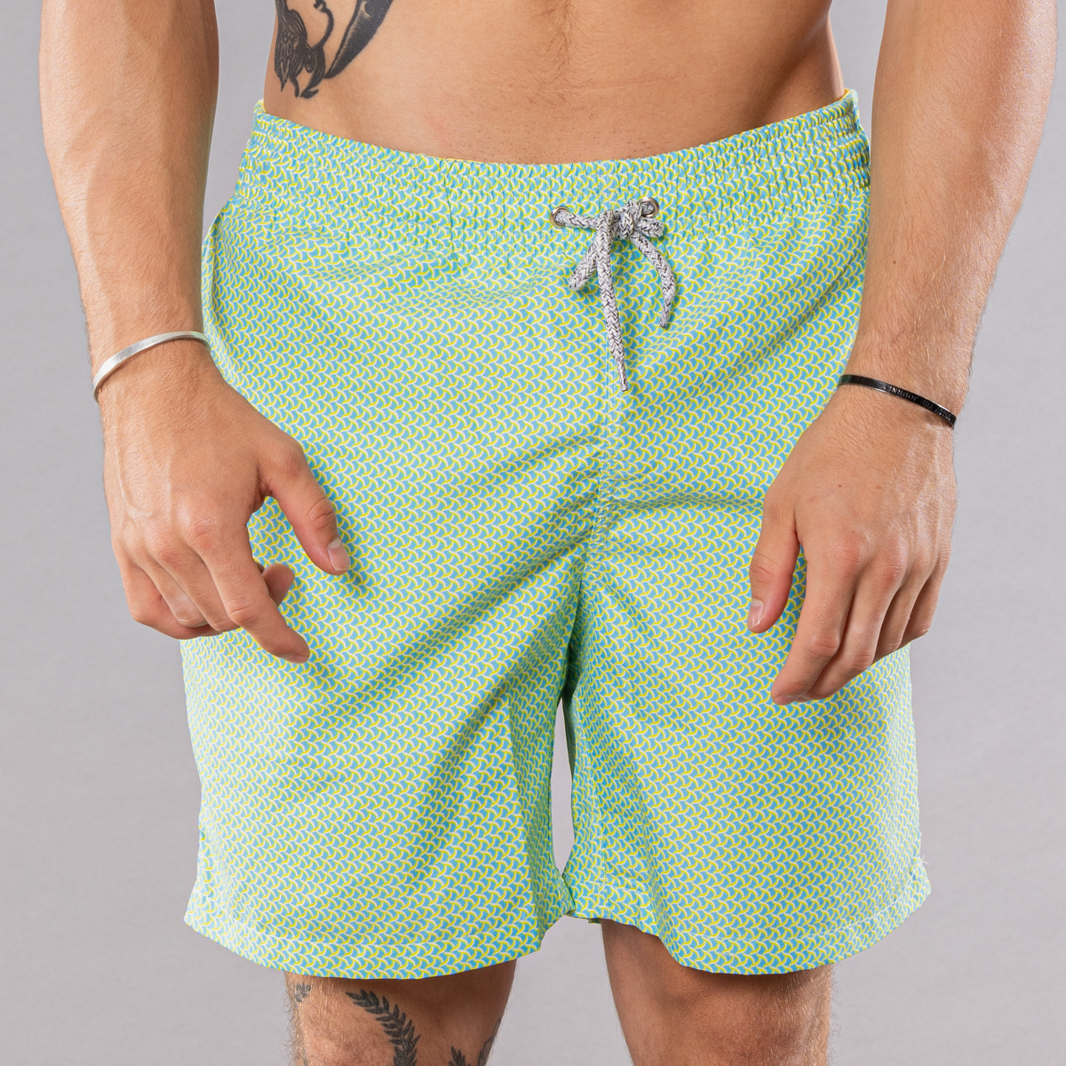 Men's Cyclist Liner Swim Trunks - Wave Print Aqua/Yellow