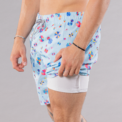 Men's Cyclist Liner Swim Trunks Beach Umbrellas - Light Blue