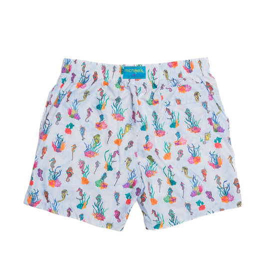 Men's Cyclist Liner Swim Trunks - Light Blue Seahorses/Coral