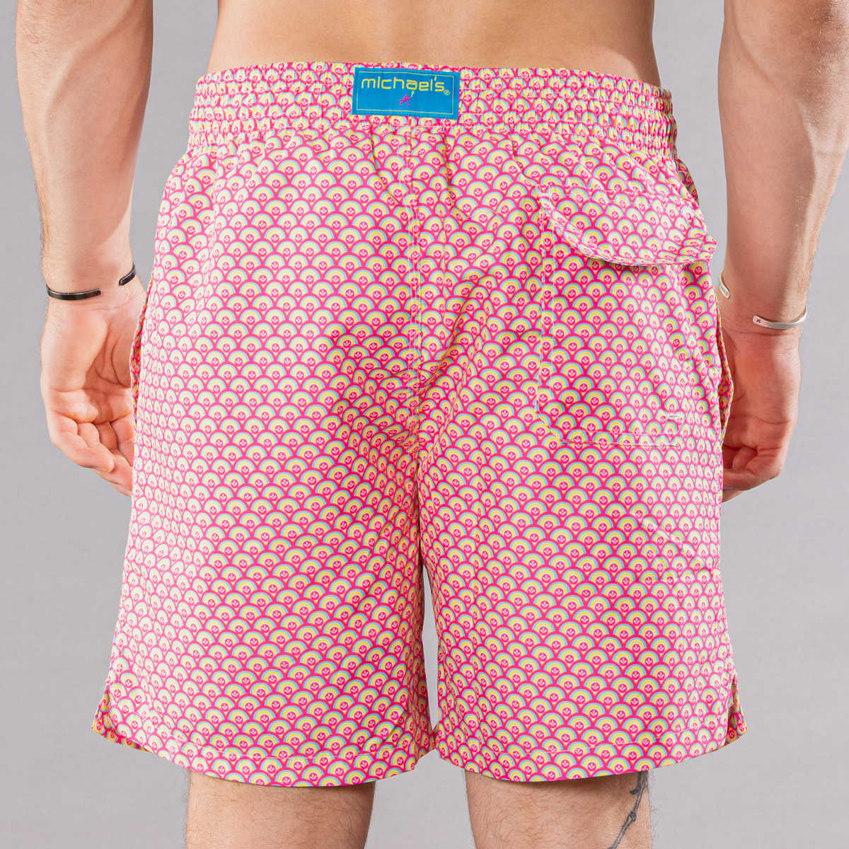 Men's Mesh Liner Swim Trunks - Half Moons Coral/Yellow