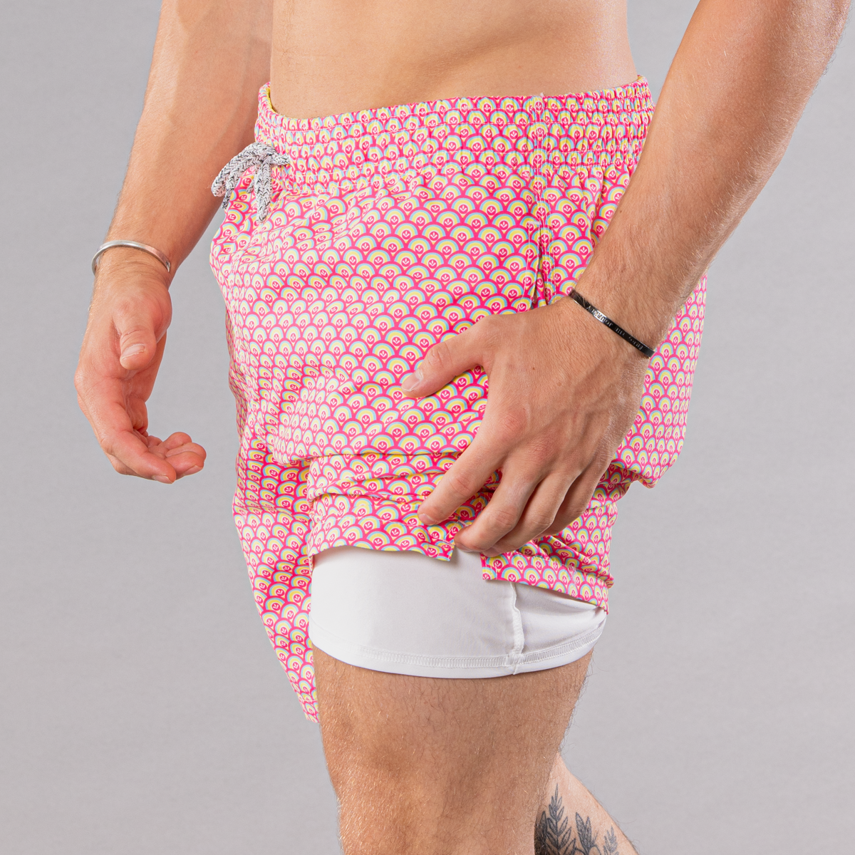 Men's Cyclist Liner Swim Trunks - Half Moons Coral/Yellow