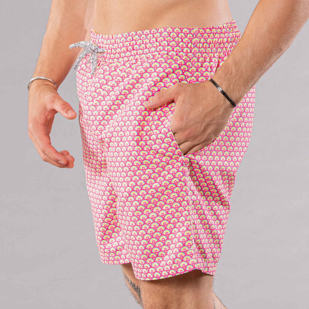 Men's Mesh Liner Swim Trunks - Half Moons Coral/Yellow