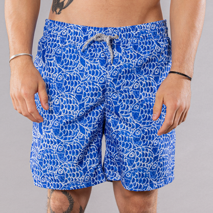 Men's Cyclist Liner Swim Trunks - Abstract Fish Navy Blue