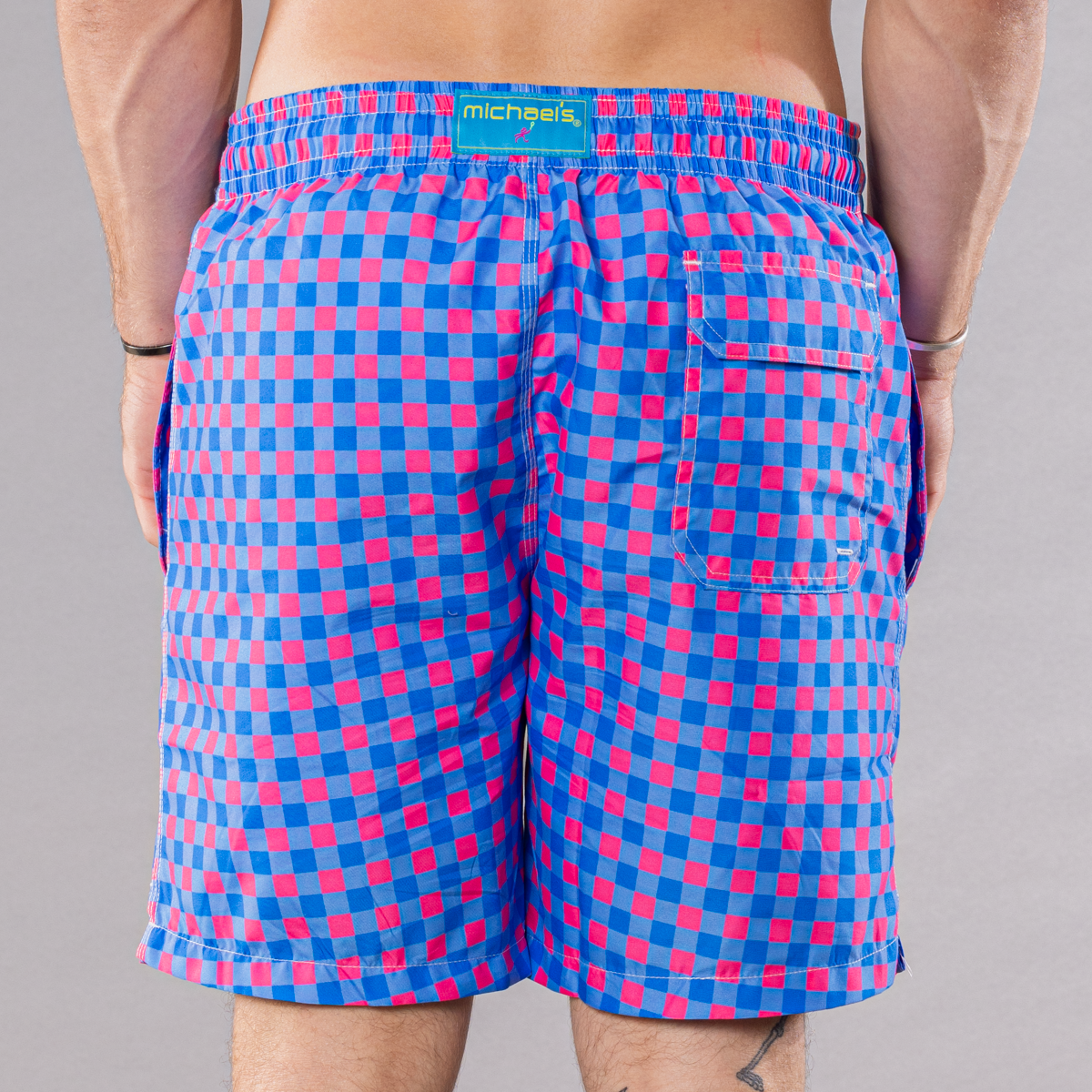 Men's Cyclist Liner Swim Trunks - Gingham Royal/Coral