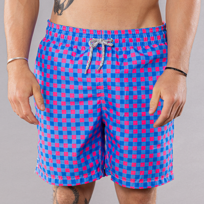 Men's Cyclist Liner Swim Trunks - Gingham Royal/Coral