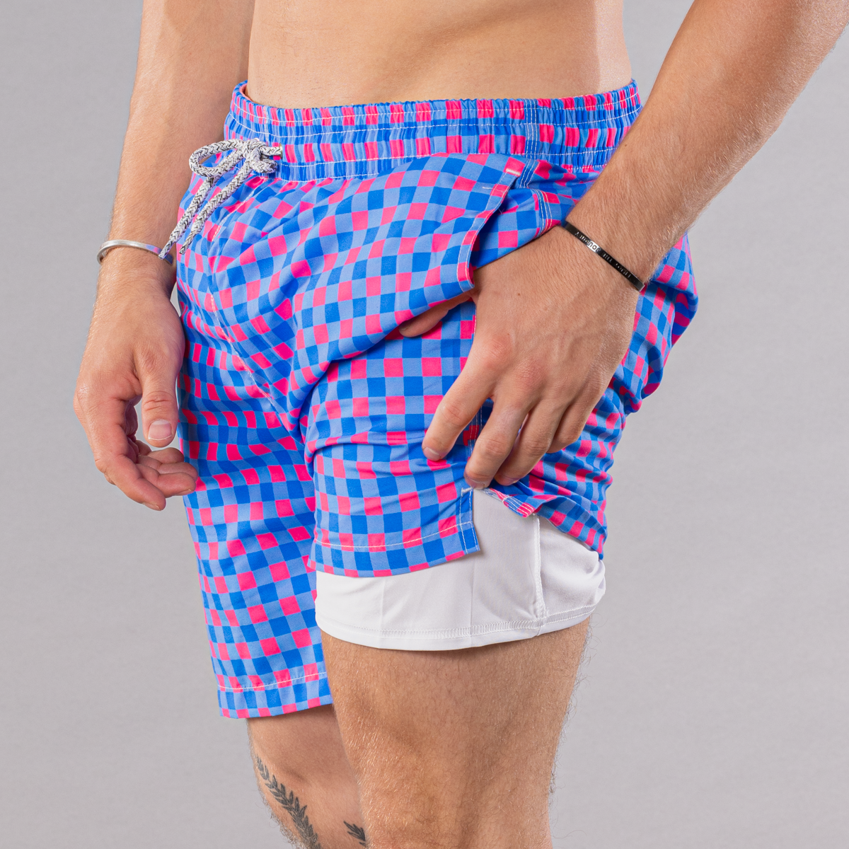 Men's Cyclist Liner Swim Trunks - Gingham Royal/Coral