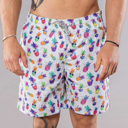 Men's Cyclist Liner Swim Trunks - Funky Pineapples White